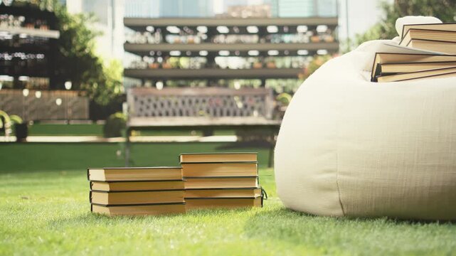 Close-up shows books and research tools on a soft beanbag at a sunny outdoor campus, creating an empty academic study setup with learning materials, literature books and a notebook.