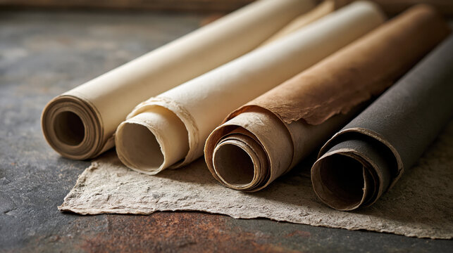 Ancient paper scrolls arranged on a rustic dark stone surface. Perfect background for historical or creative design.