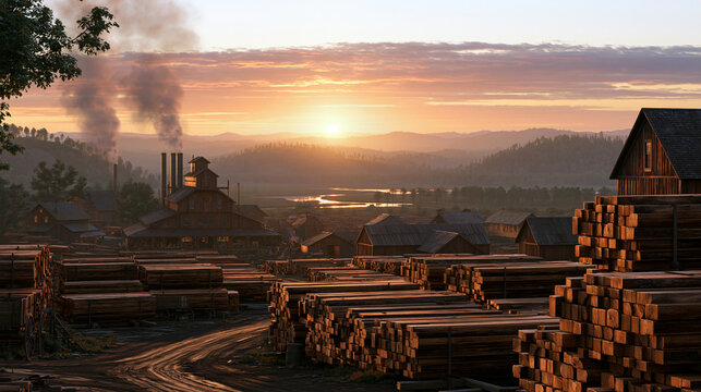 Rustic sawmill landscape at sunrise with stacked lumber. Ideal for industrial forestry and construction supply concepts.