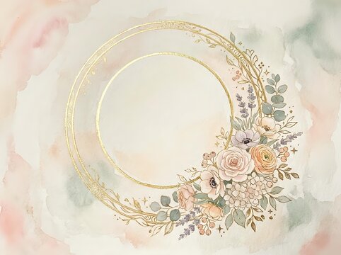 Elegant gold circular frame with watercolor florals, roses