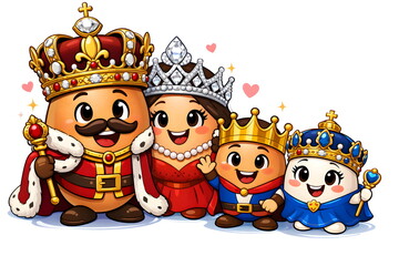 Naklejka premium King and Queen with their Prince and Princess wearing crowns in happy mood against white background.
