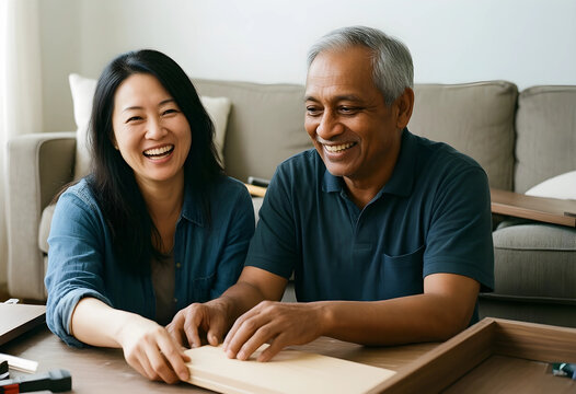 Happy asian woman and indian man assembling furniture together at home, smiling and laughing during DIY project, the couple is engaged in a domestic activity