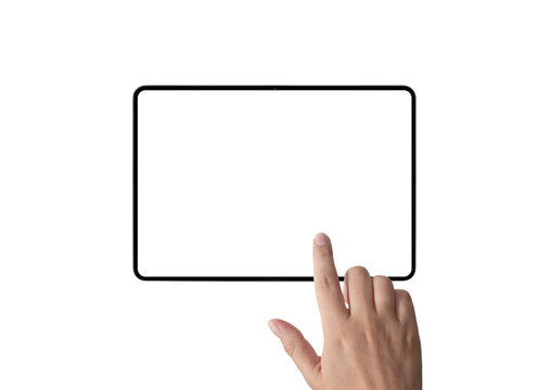 Close up of hands holding a digital tablet and tapping the white blank screen