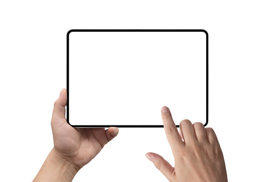 Person holding a tablet and touching the blank screen isolated on a white background