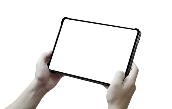 Two hands holding a tablet in landscape orientation with a blank screen isolated on white