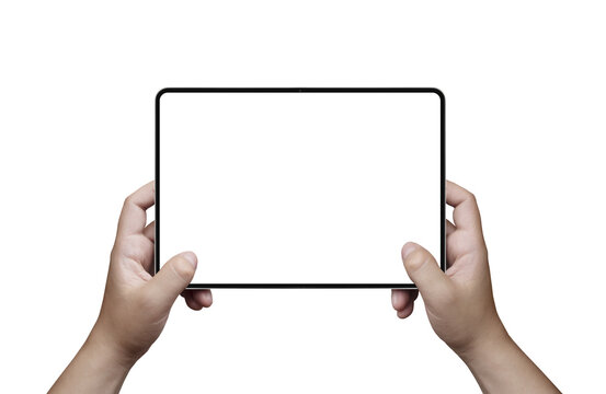 Hands holding a digital tablet with blank white screen mockup isolated on a white background