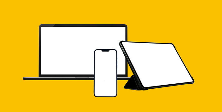Multiple device mockup set including laptop smartphone and tablet with blank screens on a yellow background