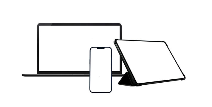 Multiple device mockup set including laptop smartphone and tablet with blank screens isolated on white