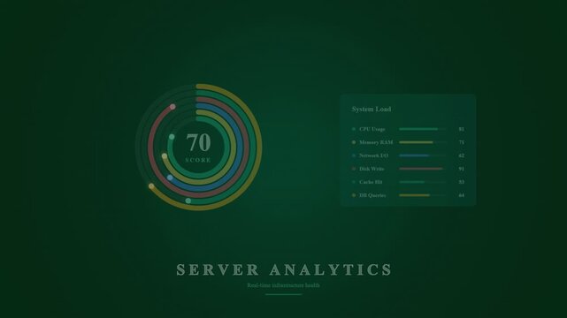 Server analytics dashboard with circular progress bar and system load metrics