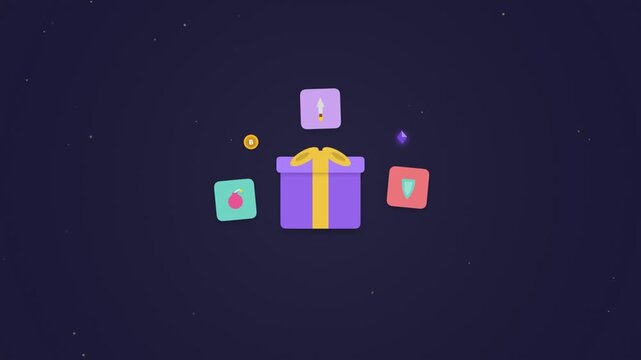 Gift box with game rewards and floating icons in flat motion graphic style