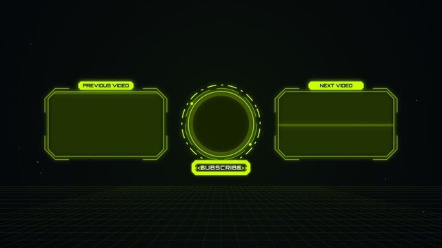 Neon green futuristic youtube end screen overlay with subscribe button