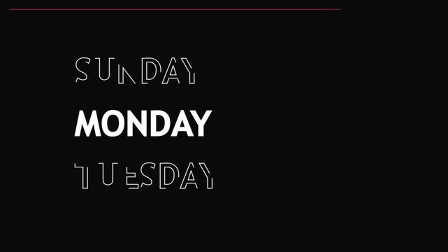 Weekly calendar days of the week text animation on a dark background