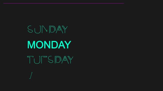 Neon glowing days of the week calendar list animation on dark background