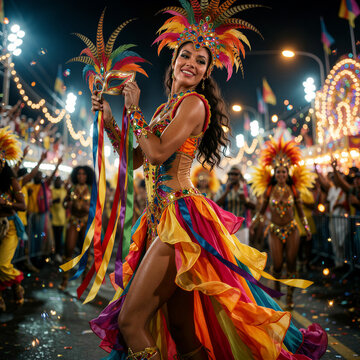 Beautiful Woman Dancing in Colorful Feather Costume at Carnival Street Parade