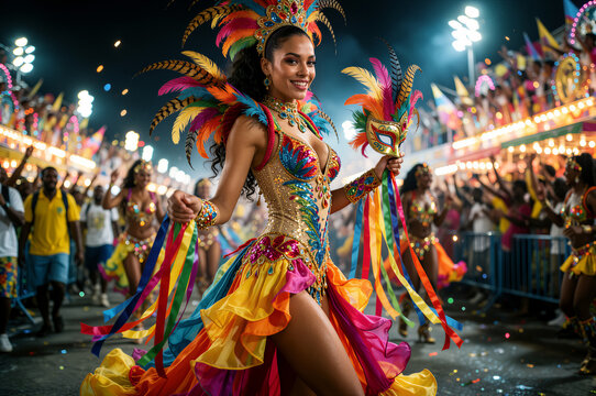 Beautiful Woman Dancing in Colorful Feather Costume at Carnival Street Parade