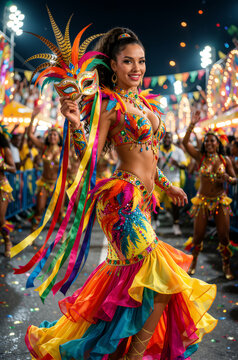 Beautiful Woman Dancing in Colorful Feather Costume at Carnival Street Parade
