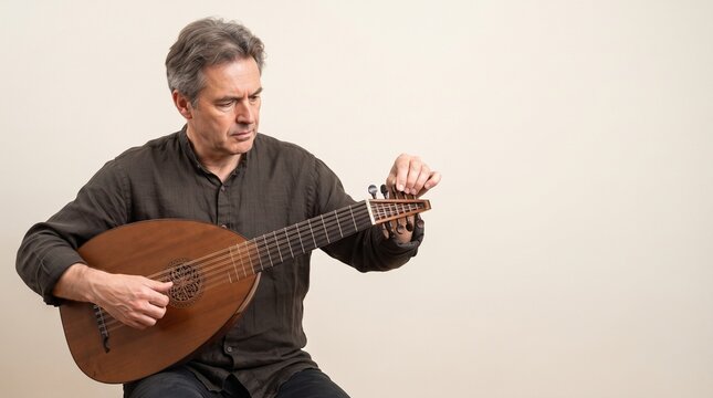 Mature man playing lute as a relaxing musical hobby