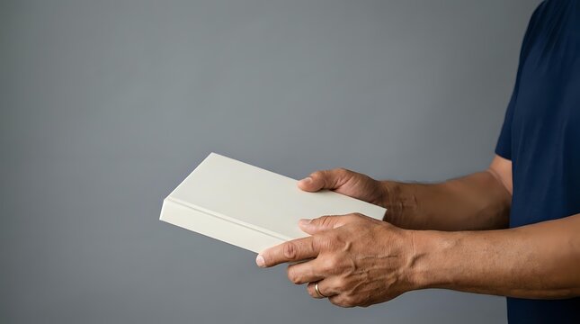 Man holding closed blank white book with both hands, mockup