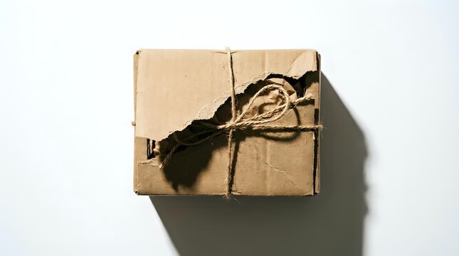 Cardboard box wrapped with black twine and shipping label, overhead