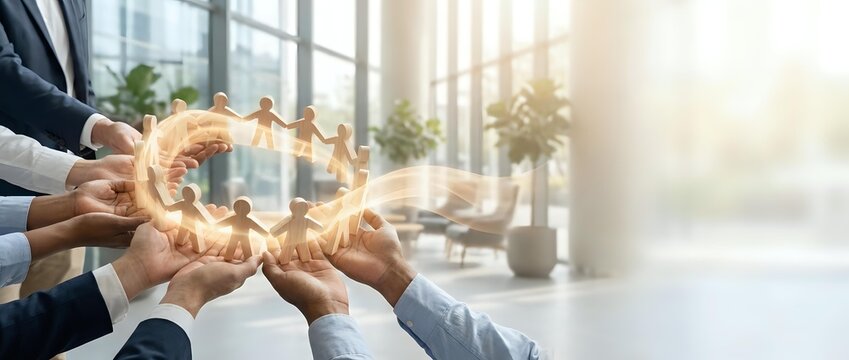 Diverse business team joining hands in circle showing unity