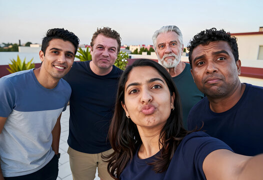 Diverse group of five adult friends taking a selfie on a rooftop with a playful woman making a kissy face, a playful woman in the foreground makes a kissy face while the men behind her smile