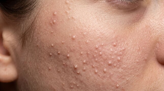 Macro close up of whiteheads and closed comedones on skin
