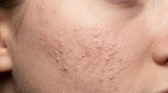 Close up view of acne bumps and whiteheads on cheek skin