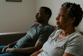 Obraz premium African american senior woman and man sitting on a couch, focused and engaged in a shared activity at home, the couple is watching television or a movie