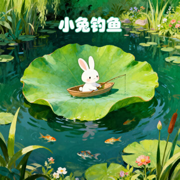 Little White Rabbit Fishing On Lotus Leaf Pond Illustration