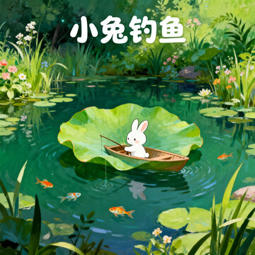 Little White Rabbit Fishing On Lotus Leaf Pond Illustration