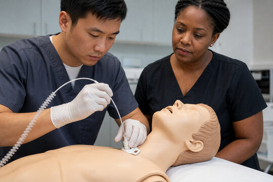 Respiratory Therapy Student Suctioning Tracheostomy Mannequin