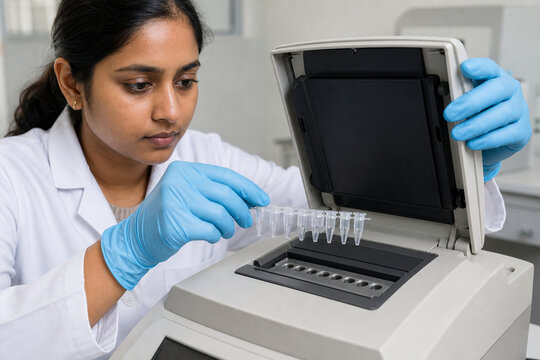 Molecular Biology Scientist Loading PCR Tubes Into Thermal Cycler