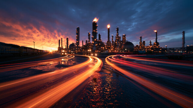 Industrial Oil Refinery at Dusk with Dynamic Light Trails