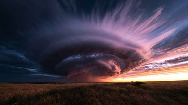 Massive Supercell Storm Cloud Forming over Prairie at Sunset