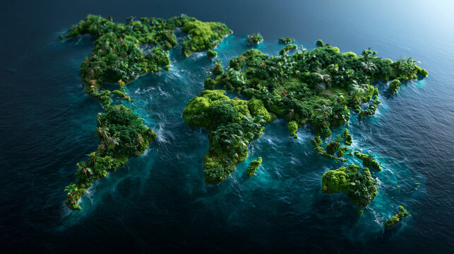 World Map Made of Lush Green Vegetation Floating on Water