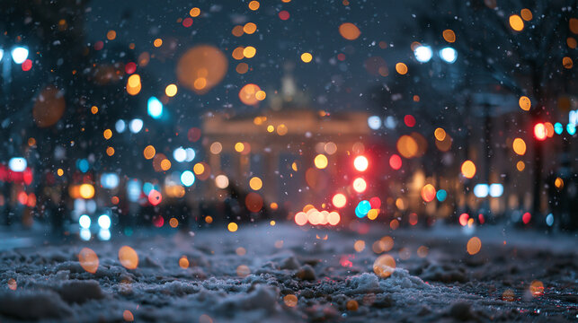 Snowy City Street at Night with Glowing Bokeh Lights