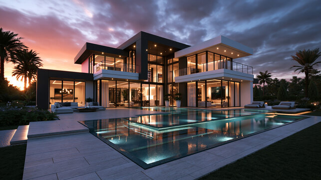 Modern Luxury Villa with Swimming Pool at Sunset