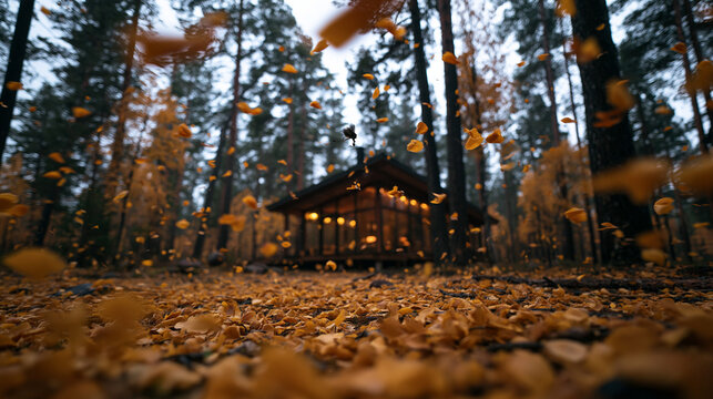 Autumn Leaves Falling in Forest Around Cozy Wooden Cabin