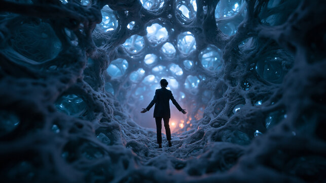 Business Executive Standing Inside Futuristic Neural Network Tunnel