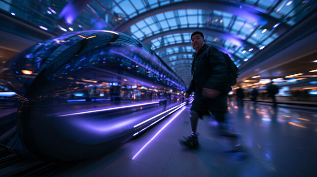 Futuristic High Speed Train and Commuter at Modern Transit Station