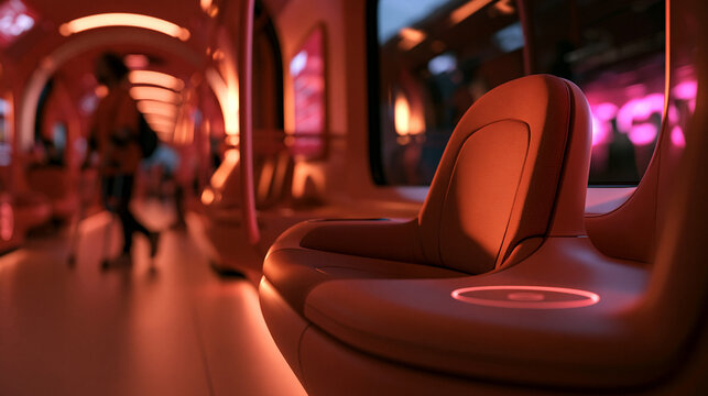 Futuristic Train Interior with Modern Seat and Ambient Red Lighting