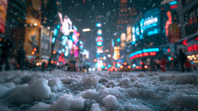 Snowfall on City Street at Night in Times Square