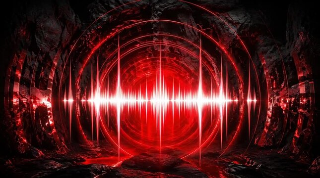 Seismic waves: powerful energy from an earthquake propagating from the epicenter into a rocky cavern illuminated by intense red flashes.