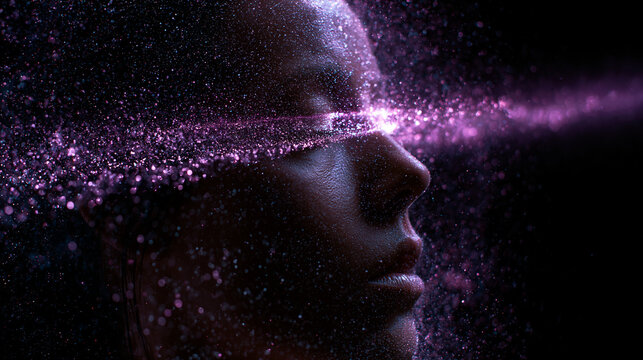 Abstract Futuristic Woman Face with Glowing Purple Particles