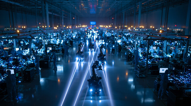 Automated Smart Factory Interior with Mobile Robots and Production Line