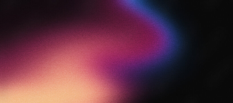 Vibrant grainy background, magenta pink yellow blue glowing abstract shape on dark backdrop, noise texture header poster wallpaper banner design
