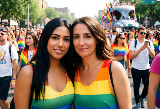 Two smiling women in rainbow pride shirts at a lively lgbtq+ parade with a diverse crowd