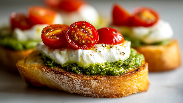 Delicious bruschetta with green pesto sauce, fresh creamy stracciatella cheese, juicy ripe cherry tomatoes, olive oil, and black pepper on a toasted baguette slice close up