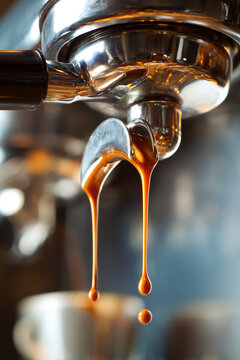 Fresh hot espresso coffee pouring in thin streams with drops from professional machine portafilter close up, morning beverage preparation concept