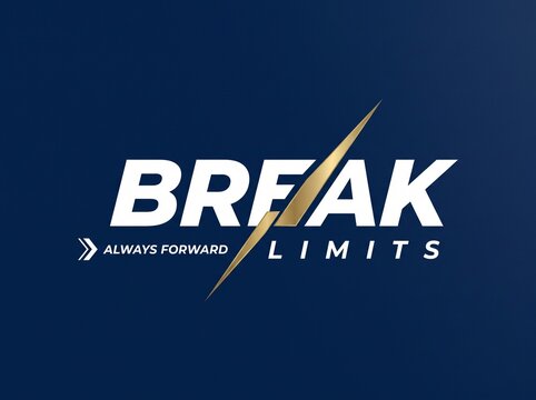 Break limits logo design with dynamic slash and always forward text on dark blue background